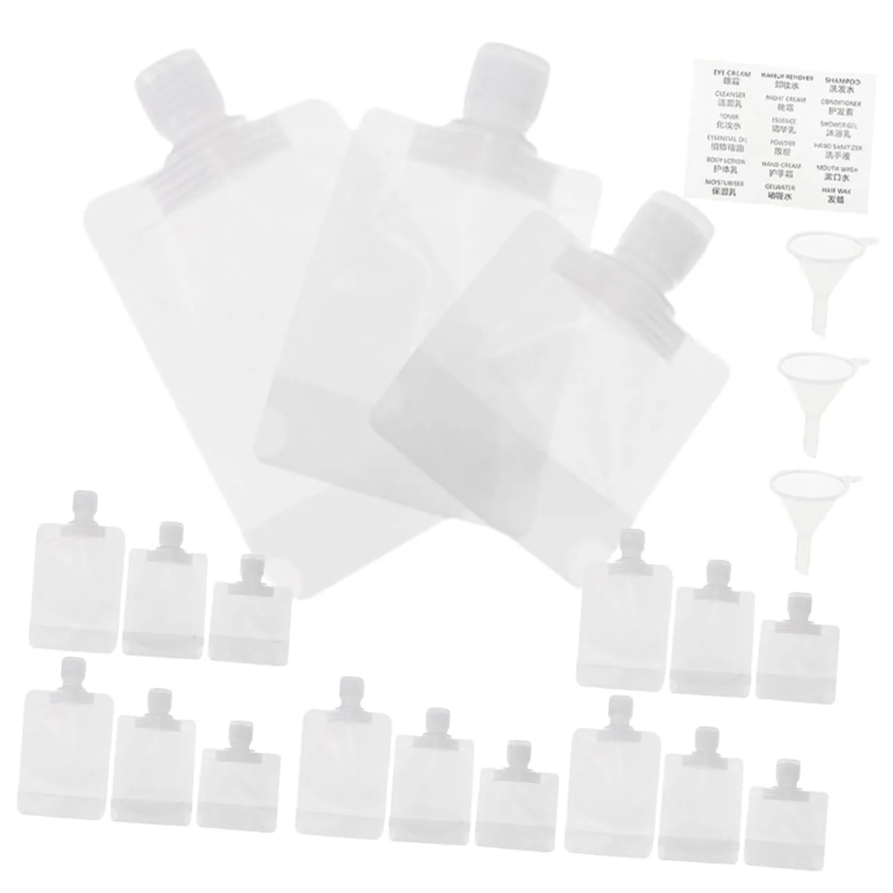 1 Set Flap Spout Bag for Toiletries Liquid Pouches Travel Size Squeeze Pouches Refillable Portable Travel Fluid Makeup Packing Bag 22pcs