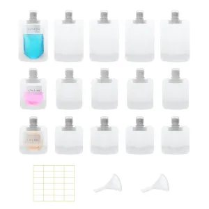 15 Pcs Travel Pouches for Toiletries, 30ml/50ml/100ml Leak Proof Squeeze Pouches, Refillable Stand Up Pouches with Labels, TSA Approved Travel Containers for Shampoo, Conditioner