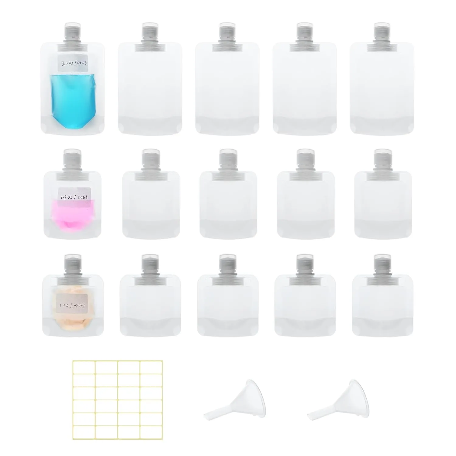 15 Pcs Travel Pouches for Toiletries, 30ml/50ml/100ml Leak Proof Squeeze Pouches, Refillable Stand Up Pouches with Labels, TSA Approved Travel Containers for Shampoo, Conditioner