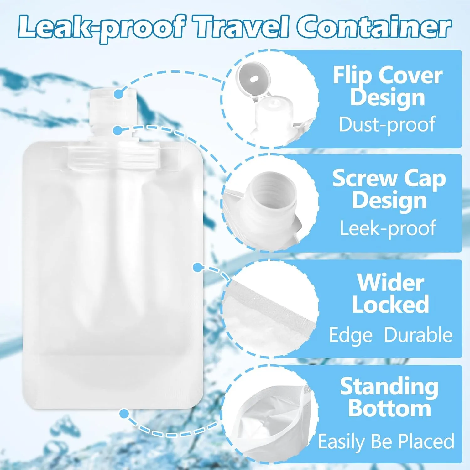 15 Pcs Travel Pouches for Toiletries, 30ml/50ml/100ml Leak Proof Squeeze Pouches, Refillable Stand Up Pouches with Labels, TSA Approved Travel Containers for Shampoo, Conditioner