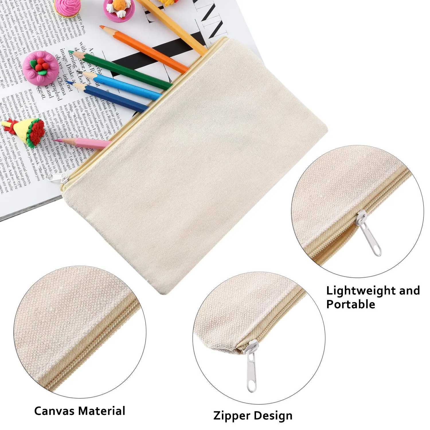 16 Pack Canvas Blank Cosmetics Bag Multi-Purpose Zipper Canvas Makeup Pouches Travel Toiletry Pouches Pen Pencil Plain DIY Craft Bag(S,Beige)