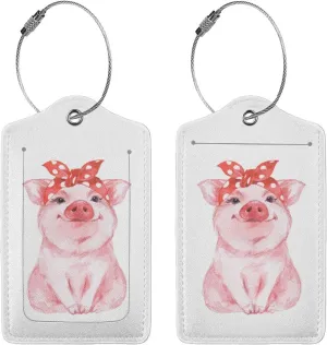 2 Pack Cute Pink Pig Luggage Tags for Suitcases, Leather Baggage Tag with LoopName Id Card Cover Travel Bag Labels Set for Women Men Boys Girls Kids