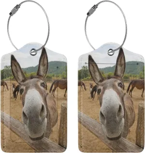 2 Pack Funny Donkey Luggage Tags for Suitcases, Leather Baggage Tag with LoopName Id Card Cover Travel Bag Labels Set for Women Men Boys Girls Kids