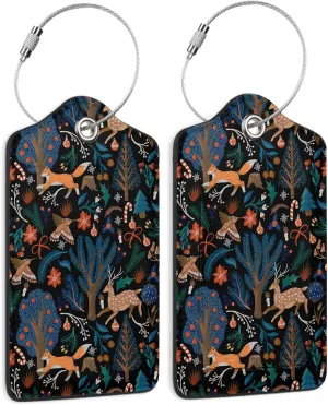 2 Pack Funny Luggage Tags with for Suitcases, Fox Elk in The Forest PU Leather Luggage Tag Accessories Privacy Cover ID Label with Stainless Steel Loop for Travel Bag for Women Girls Teens