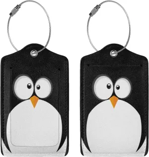 2 Pack Funny Penguin Face Luggage Tags for Suitcases, Leather Baggage Tag with LoopName Id Card Cover Travel Bag Labels Set for Women Men Boys Girls Kids