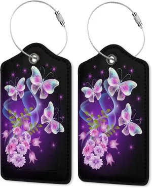 2 Pack Leather Luggage Tag for Suitcase Purple Dream Butterfly Unique Travel Tags with Privacy Cover ID Label & Stainless Steel Loop for Men and Women Baggage