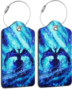 2 Pack Luggage Tag for Suitcases Blue Dragon Glowing PU Leather Bag Travel Suitcase ID Identifier Baggage Tags for Women Men Travel