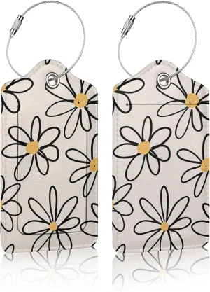 2 Pack Luggage Tag for Suitcases,White Daisy Floral Flower Leather Baggage Tags Privacy Cover ID Label for Women Men Travel