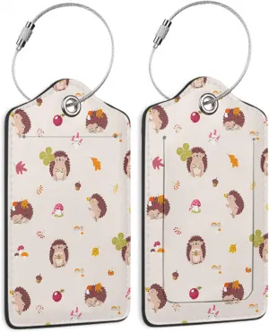 2 Pack Luggage Tags for Suitcase,Cute Hedgehogs Mushroom and Leaves Leather Luggage Tag Bag Tags Identifiers Privacy Cover Id Label with Steel Loop for Women Men Girls Boys Travel