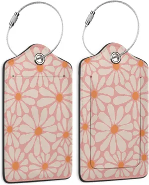 2 Pack Luggage Tags for Suitcase,Pink Daisy Flower Retro Groovy Flowers Leather Luggage Tag Bag Tags Identifiers Privacy Cover Id Label with Steel Loop for Women Men Girls Boys Travel