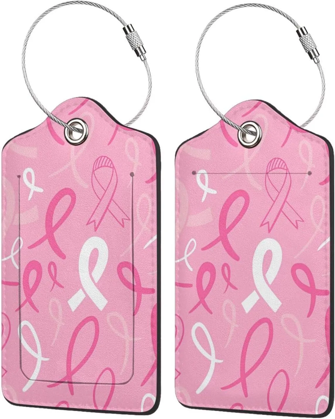 2 Pack Pu Leather Luggage Tag For Suitcase,Breast Cancer Pink Ribbon Doodle Suitcase Tag With Privacy Cover Name Id Label And Durable Loop For Women Men Baggage Bags And Backpacks suitcase Identifiers