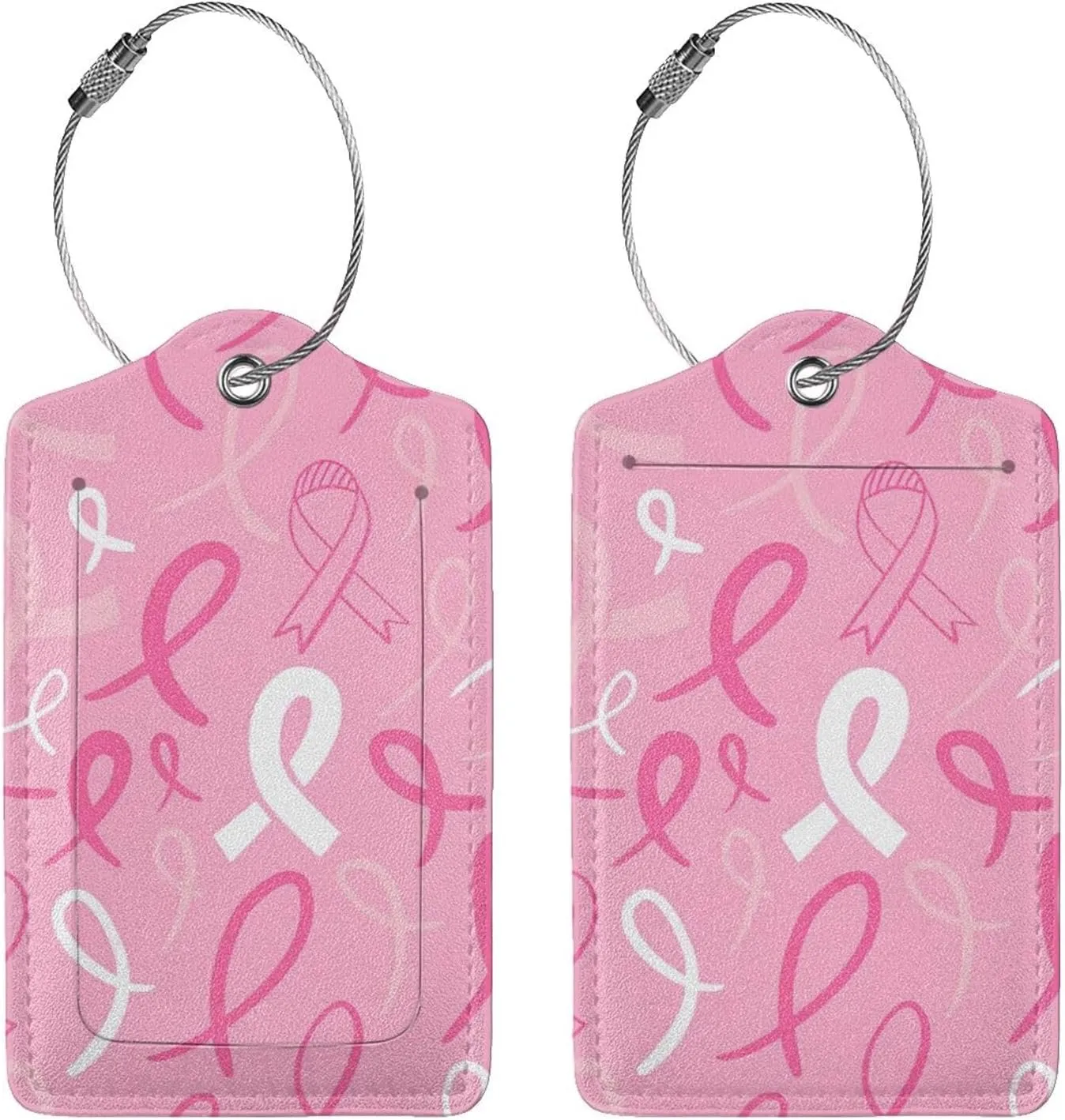 2 Pack Pu Leather Luggage Tag For Suitcase,Breast Cancer Pink Ribbon Doodle Suitcase Tag With Privacy Cover Name Id Label And Durable Loop For Women Men Baggage Bags And Backpacks suitcase Identifiers