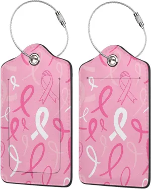2 Pack Pu Leather Luggage Tag For Suitcase,Breast Cancer Pink Ribbon Doodle Suitcase Tag With Privacy Cover Name Id Label And Durable Loop For Women Men Baggage Bags And Backpacks suitcase Identifiers