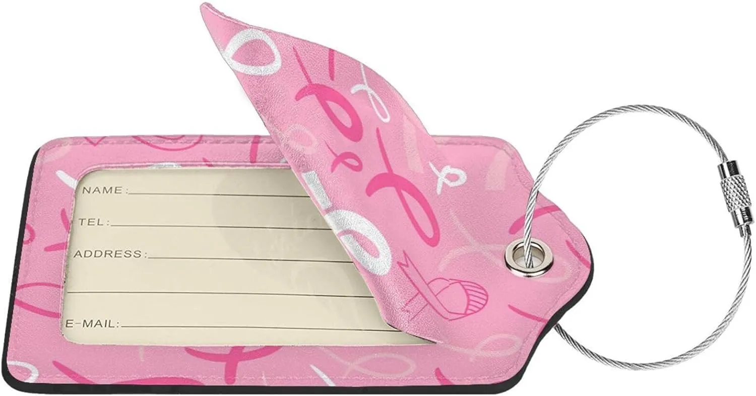 2 Pack Pu Leather Luggage Tag For Suitcase,Breast Cancer Pink Ribbon Doodle Suitcase Tag With Privacy Cover Name Id Label And Durable Loop For Women Men Baggage Bags And Backpacks suitcase Identifiers