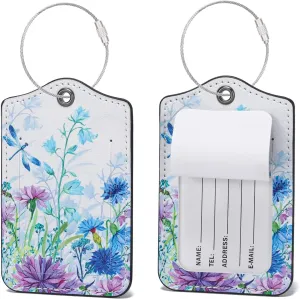 2 Pack PU Leather Luggage Tags for Suitcases with Privacy Shield and Name ID Tag Address Card and Stainless Steel Loop for Baggage Tag for Cruise Airport Travel Essentials (Dragonfly & Flowers)