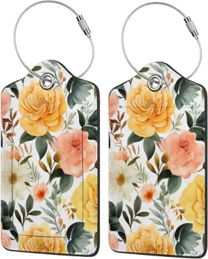 2 Pcs Floral Luggage Tags for Suitcases Flower Unique Leather Baggage Tags Identifiers for Travel Stainless Steel Loop Name Id Label