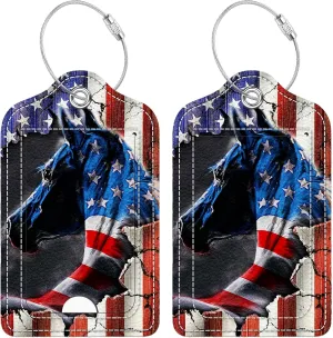 2 Pcs Luggage Tag for Suitcase, American Flag Horse Stallion Mare Thoroughbred Unique Leather Suitcase Tags with Full Privacy Cover Stainless Steel Loop for Women Men Travel Baggage Bag Backpack