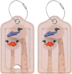 2 Pcs Luggage Tag for Suitcase, Funny Ostrich Unique Leather Suitcase Tags with Full Privacy Cover Stainless Steel Loop for Women Men Travel Baggage Bag Backpack