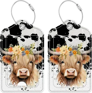 2 Pcs Luggage Tag for Suitcase, Highland Cow Unique Leather Suitcase Tags with Full Privacy Cover Stainless Steel Loop for Women Men Travel Baggage Bag Backpack