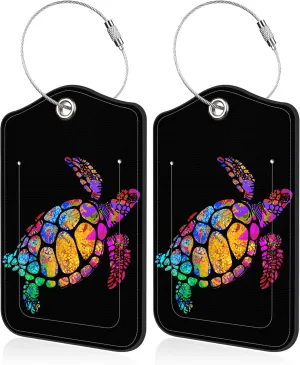 2 PCS Luggage Tags for Suitcase Psychedelic Color Sea Turtle Leather Suitcases Tag with Stainless Steel Loop and Name ID Address Label Privacy Cover for Women Men Travel Luggage Accessories