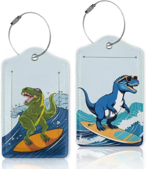 2 Pcs Luggage Tags for Suitcase,Dinosaur Surfing on Sea Luggage Tag Name Id Labels with Privacy Cover for Travel Backpack Women Men