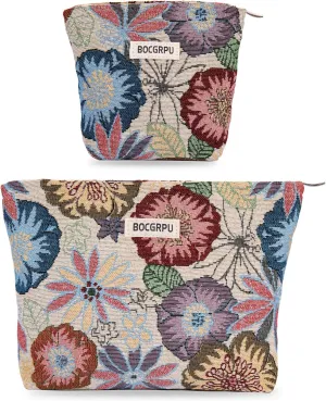 2 PCS Makeup Bag SetPortable Cosmetic Bag for Purse Large Storage Capacity Toiletry Bag Make up OrganizerTravel Pouch with Zipper for Women, (Flower Garden White)