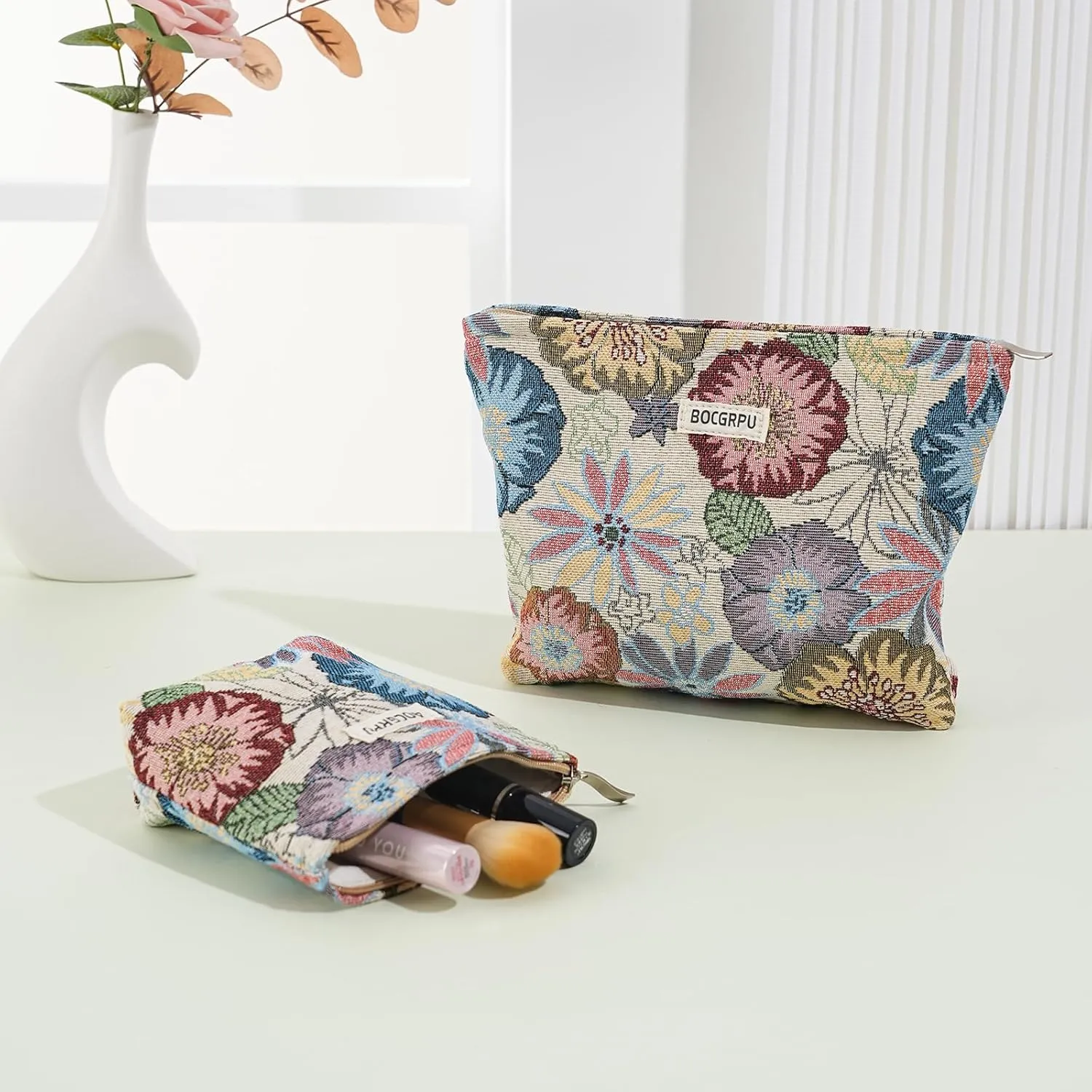 2 PCS Makeup Bag SetPortable Cosmetic Bag for Purse Large Storage Capacity Toiletry Bag Make up OrganizerTravel Pouch with Zipper for Women, (Flower Garden White)