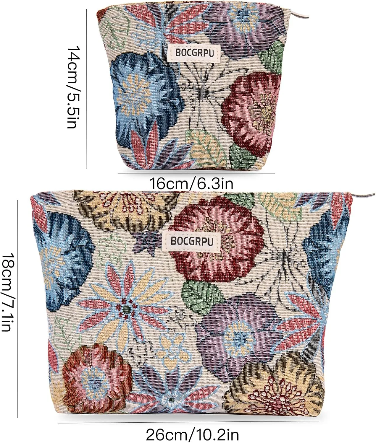 2 PCS Makeup Bag SetPortable Cosmetic Bag for Purse Large Storage Capacity Toiletry Bag Make up OrganizerTravel Pouch with Zipper for Women, (Flower Garden White)