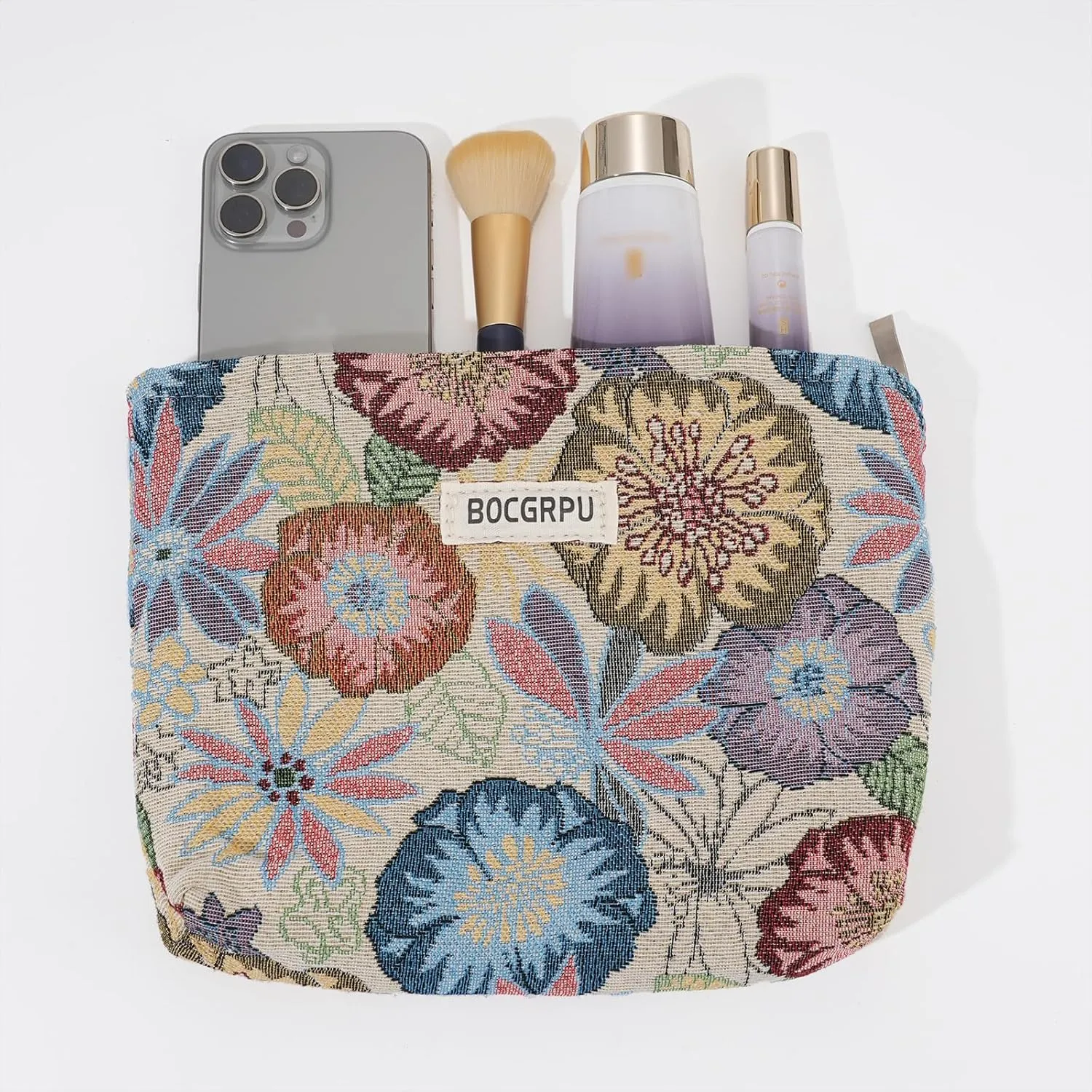 2 PCS Makeup Bag SetPortable Cosmetic Bag for Purse Large Storage Capacity Toiletry Bag Make up OrganizerTravel Pouch with Zipper for Women, (Flower Garden White)