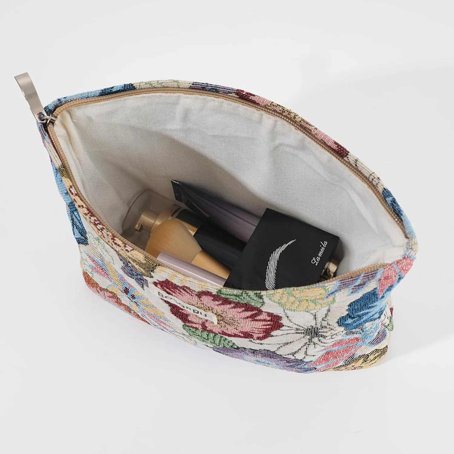 2 PCS Makeup Bag SetPortable Cosmetic Bag for Purse Large Storage Capacity Toiletry Bag Make up OrganizerTravel Pouch with Zipper for Women, (Flower Garden White)