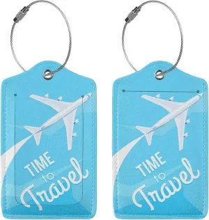 2 Pcs Time to Travel Theme Luggage Tags for Suitcase, Unique Airplane Gift for Privacy Cover ID Label with Stainless Steel Loop and Address Card