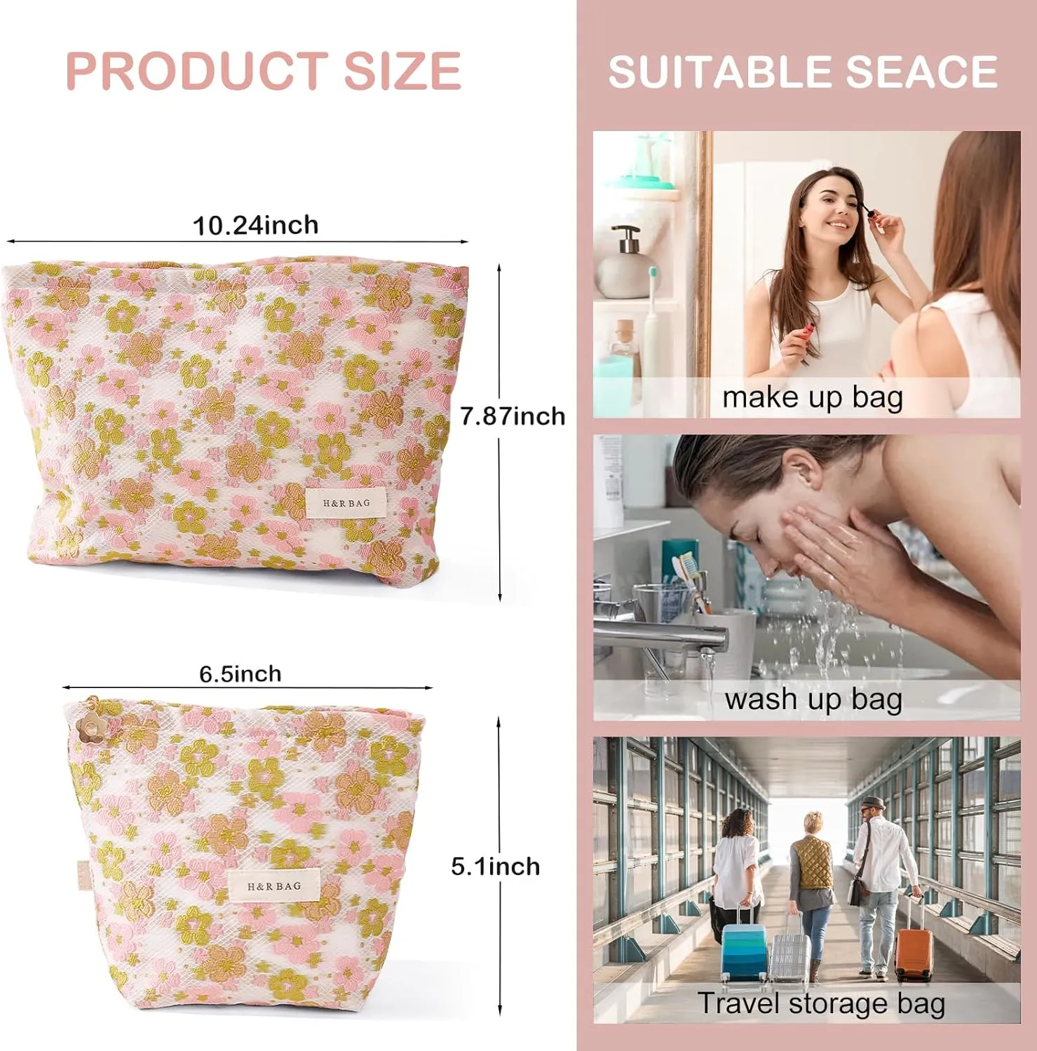 2 Pieces Travel Makeup Pouches,Large Capacity Cosmetic Bags for Women,Cute Pink Green Floral Pattern Cosmetic Organizers,Portable Toiletry Pouches,Seal with Zipper
