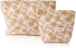 2 Pieces Travel Makeup Pouches,Large Capacity Cosmetic Bags for Women,Cute Pink Green Floral Pattern Cosmetic Organizers,Portable Toiletry Pouches,Seal with Zipper
