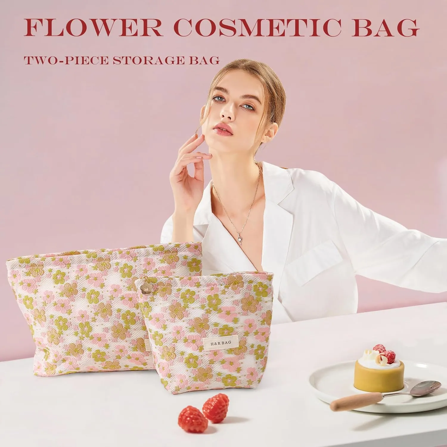 2 Pieces Travel Makeup Pouches,Large Capacity Cosmetic Bags for Women,Cute Pink Green Floral Pattern Cosmetic Organizers,Portable Toiletry Pouches,Seal with Zipper