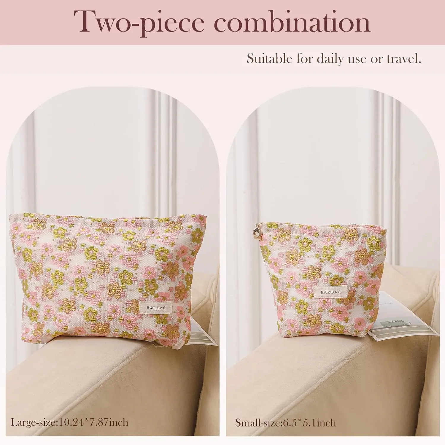 2 Pieces Travel Makeup Pouches,Large Capacity Cosmetic Bags for Women,Cute Pink Green Floral Pattern Cosmetic Organizers,Portable Toiletry Pouches,Seal with Zipper