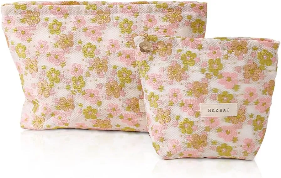 2 Pieces Travel Makeup Pouches,Large Capacity Cosmetic Bags for Women,Cute Pink Green Floral Pattern Cosmetic Organizers,Portable Toiletry Pouches,Seal with Zipper