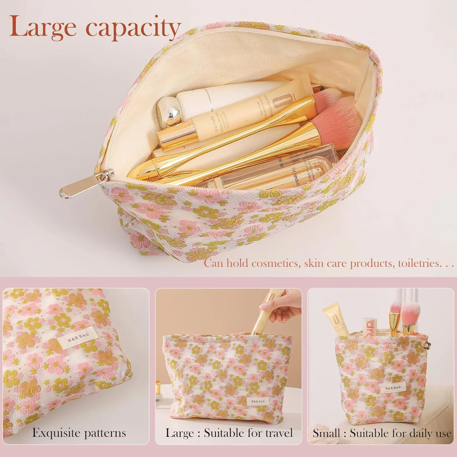 2 Pieces Travel Makeup Pouches,Large Capacity Cosmetic Bags for Women,Cute Pink Green Floral Pattern Cosmetic Organizers,Portable Toiletry Pouches,Seal with Zipper