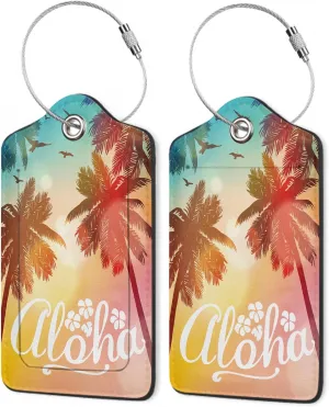 2Pcs Luggage Tag for Suitcase Tropical Summer Palm Cute Suitcase Tag with Privacy Flap & Name ID Label & Metal Loop,Travel Bag Luggage Tags for Women