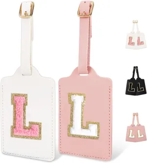 2PCS Personalized Initial Letter Luggage Tags for Suitcases, Suitcase Identifier Name Baggage Tag, Cute PU Leather Travel Luggage Tags for Men Women Kids Luggage Schoolbags(White-Pink Pink-White L)