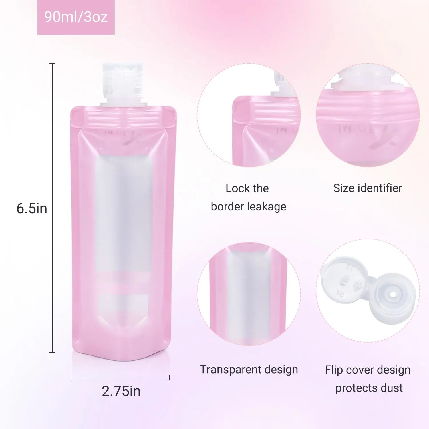 3 oz 6pack Leak Proof Empty Squeeze Pouches Refillable Travel Size Containers liquid travel pouches for Travel TSA Approved Travel Pouches for Toiletries for Lotion