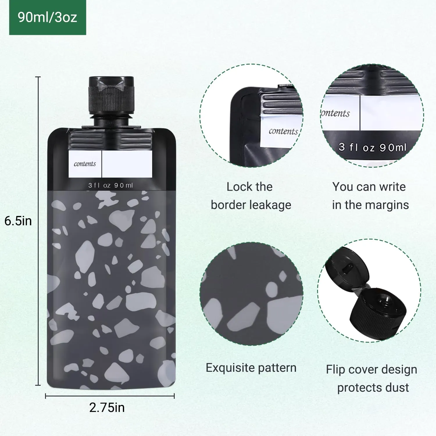 3 oz/6 Pack Leak Proof Empty Squeeze Pouches, Refillable Travel Pouches for Toiletries Portable, Travel Fluid Makeup Packing Bag for Lotion Shampoo Face Cream Hand Soap, Black