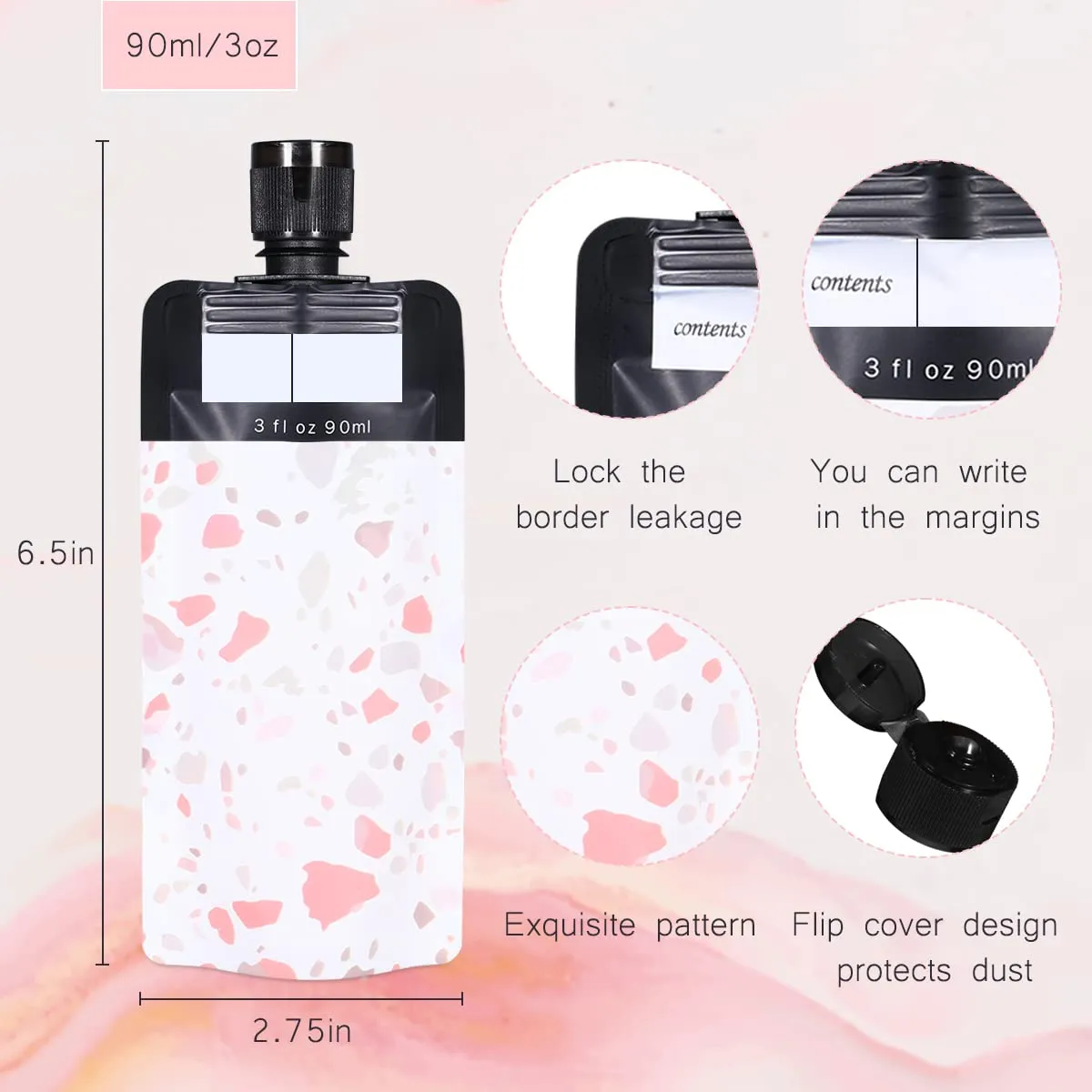 3oz/6 Pack Leak Proof Empty Squeeze Pouches,Refillable Travel Pouches for Toiletries Portable,Travel Fluid Makeup Packing Bag for Lotion Shampoo Face Cream Hand Soap, Pink