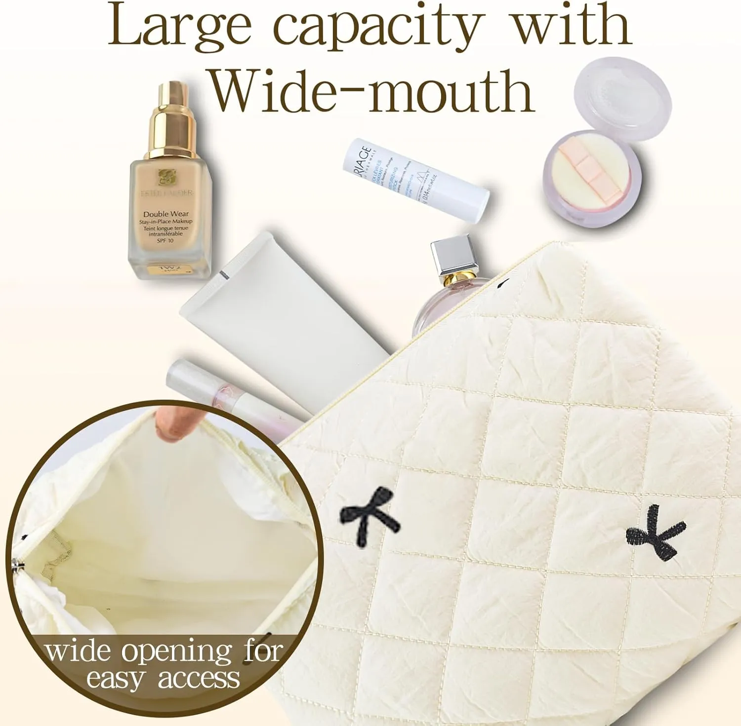 3Pcs Quilted Makeup Bag, Cute Floral Cotton Cosmetic Bag set, Coquette Bow Makeup Pouch Large Travel Toiletry Bag
