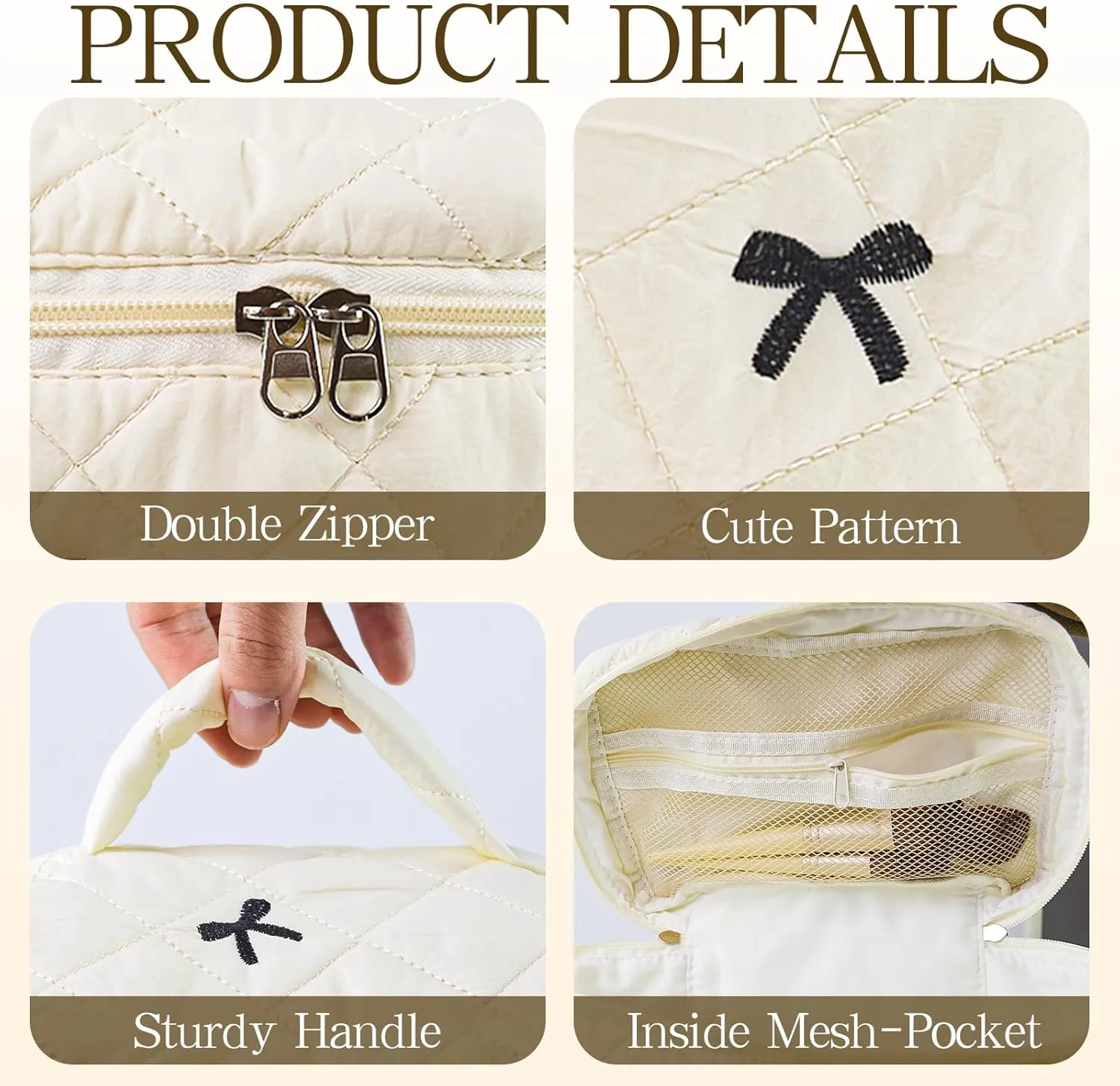3Pcs Quilted Makeup Bag, Cute Floral Cotton Cosmetic Bag set, Coquette Bow Makeup Pouch Large Travel Toiletry Bag