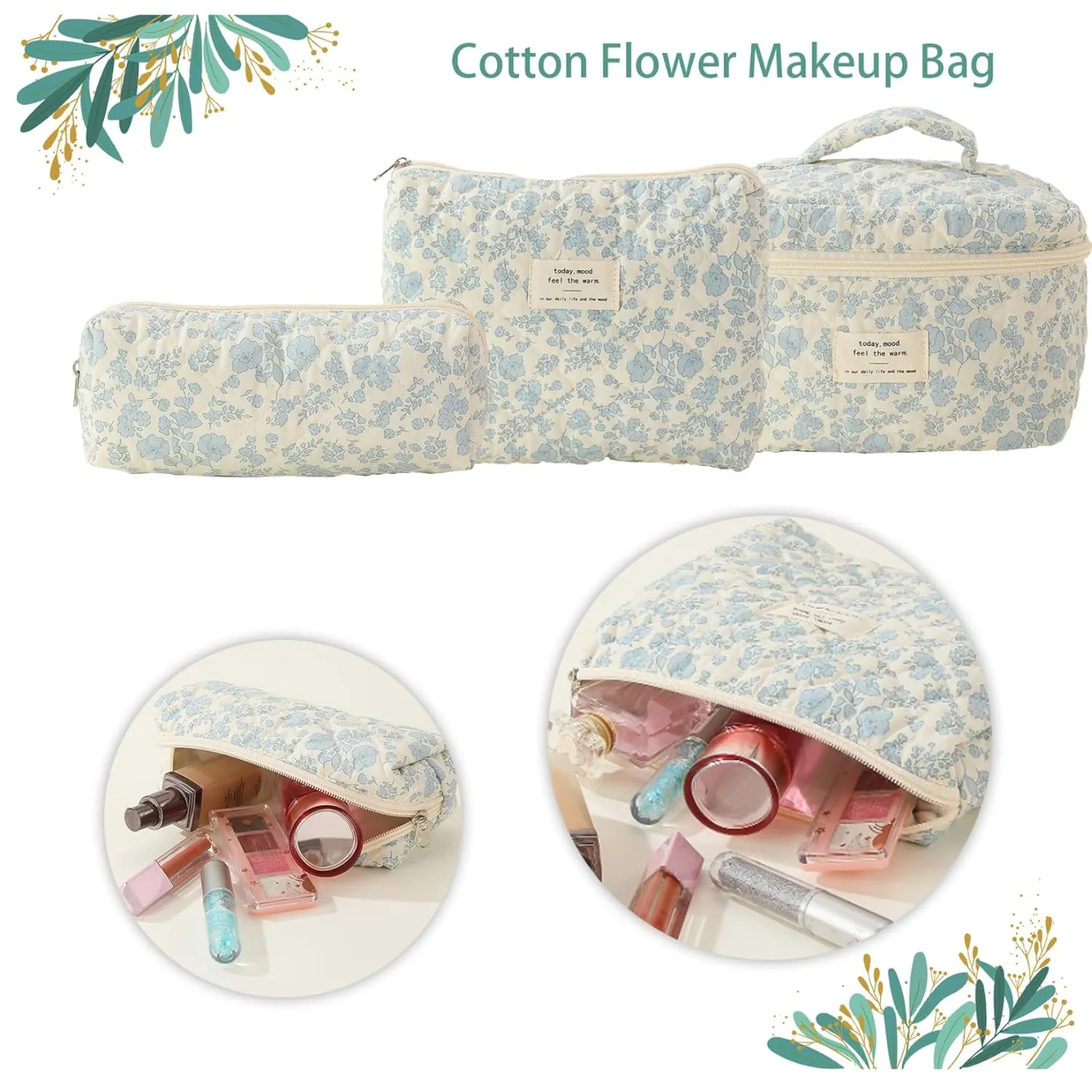 3Pcs Quilted Makeup Bag Set Cotton Floral Makeup Bag in Different Sizes, Zip Closure Aesthetic Toiletry Bags Cosmetic Bag Set for Women Girls Traveling 1