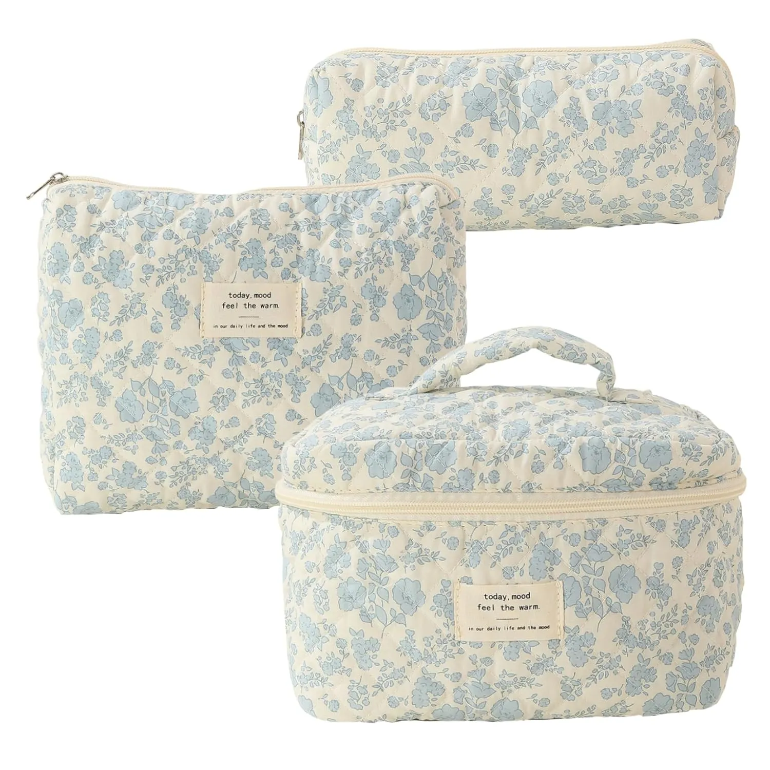 3Pcs Quilted Makeup Bag Set Cotton Floral Makeup Bag in Different Sizes, Zip Closure Aesthetic Toiletry Bags Cosmetic Bag Set for Women Girls Traveling 1