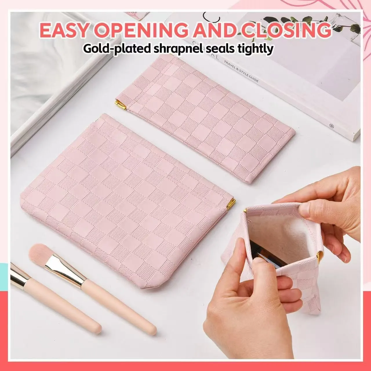 3PCS Small Makeup Bag for PurseWaterproof Leather Portable Mini Makeup Bag,Snap Closure Organizer Pouch for Coins Cards Jewelry Lipstick Cosmetic AccessoriesSmall Travel Kit Storage Pouch