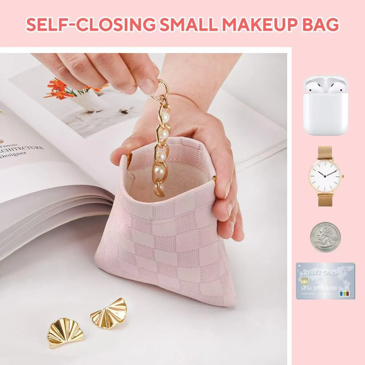 3PCS Small Makeup Bag for PurseWaterproof Leather Portable Mini Makeup Bag,Snap Closure Organizer Pouch for Coins Cards Jewelry Lipstick Cosmetic AccessoriesSmall Travel Kit Storage Pouch