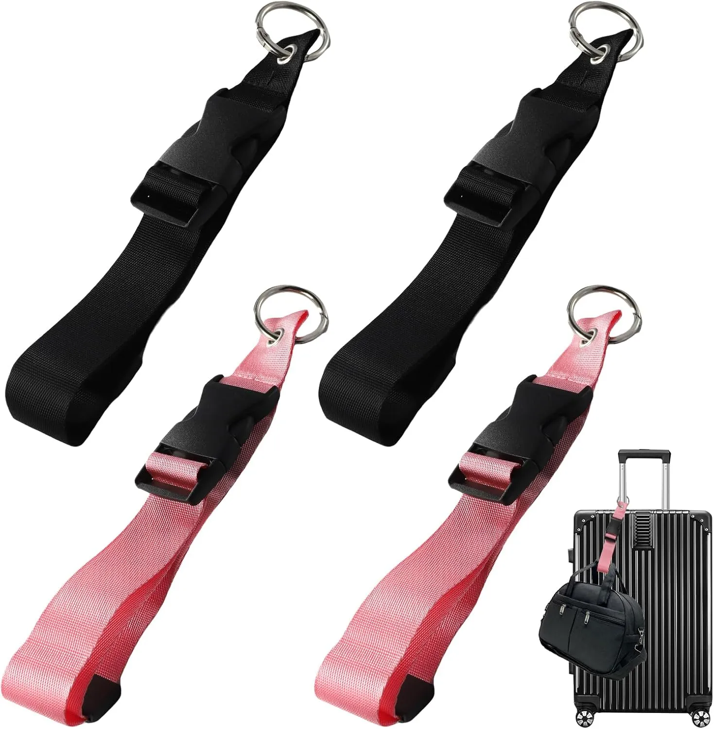 4 Pack Luggage Straps to Connect Two Suitcases, Connector for Strap Carry on Bag Adjustable Travel Accessories Add A Travel Hook Trolley Sleeve (Black, Pink)
