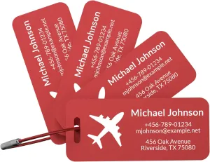 4 Pack Personalized Metal Luggage Tags, Custom Engraved Aluminum Name ID Tags with Logo/Text, Waterproof Travel Tags with Steel Loop for Suitcase, Backpack, Baggage, Cruise & Carry-On (Red)